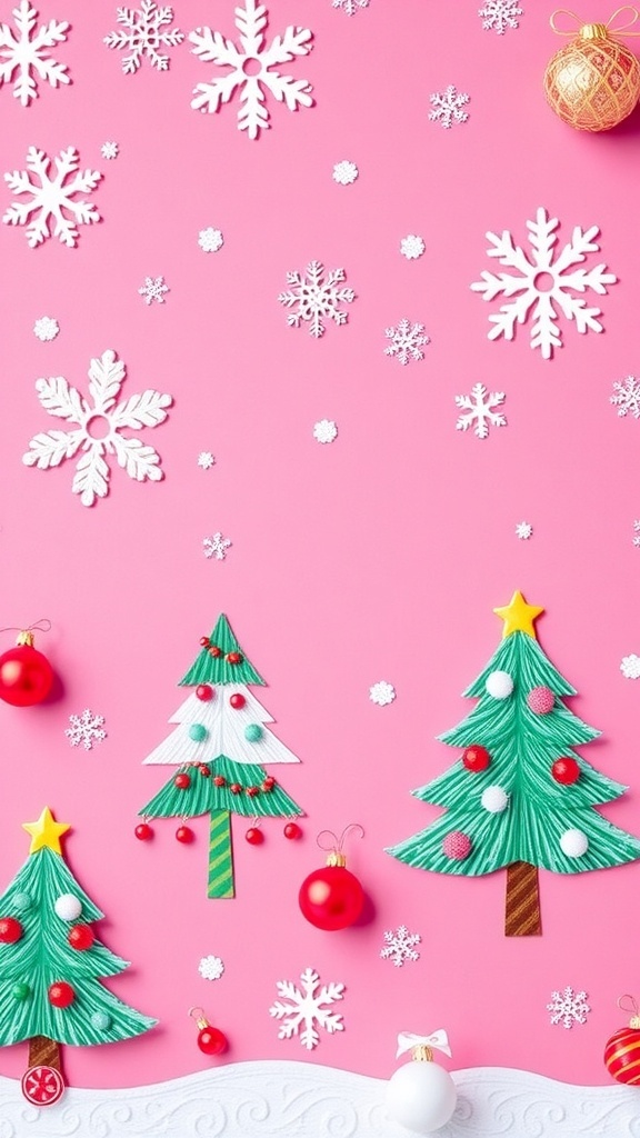 Pink Christmas wallpaper with snowflakes and Christmas trees for laptop.